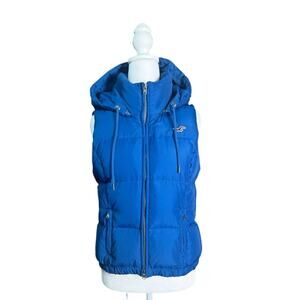 Hollister Womens Sz M Blue Hooded Puffer Vest Down Fill Y2K Snow Bunny Winter